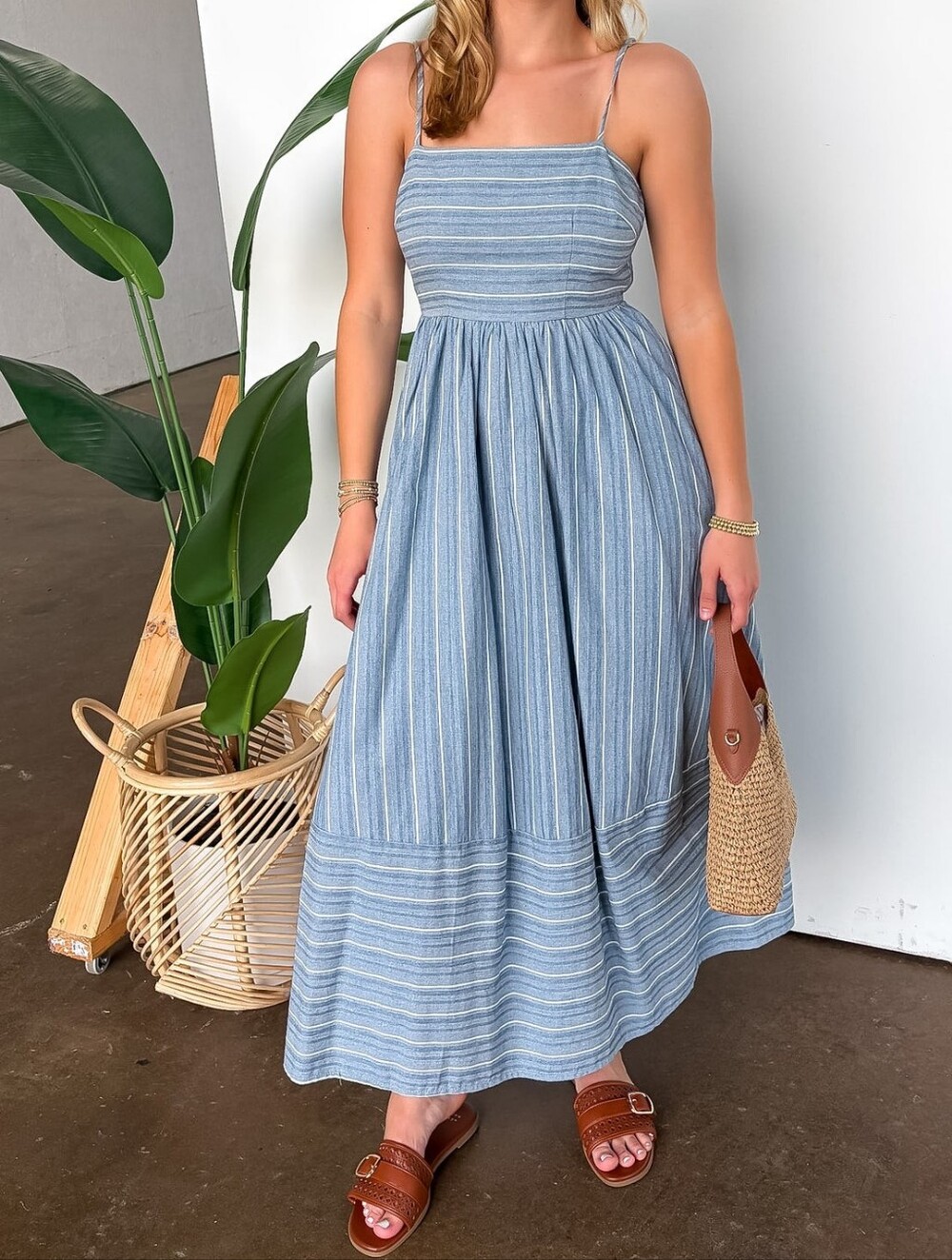 P5-0509 Chambray Striped Plus Size Coastal Breezy Pinstripe Midi Maxi Dress